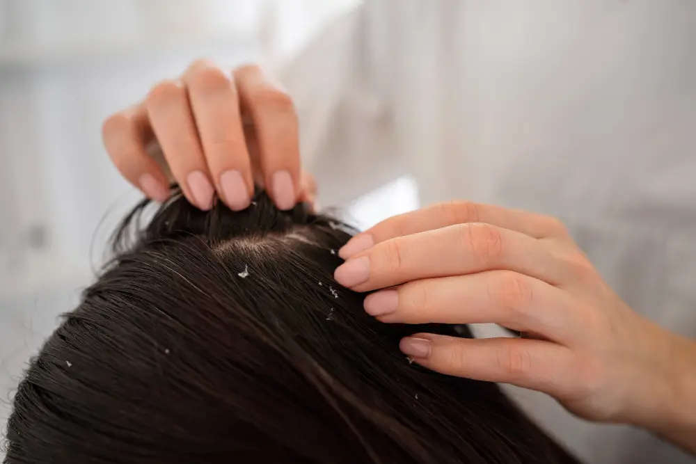 A man holding the hair of someone with dandruff
