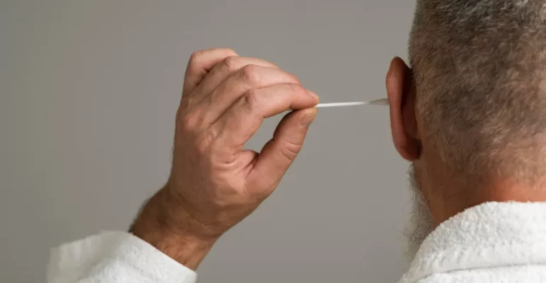 A man using cotton swab in his ear