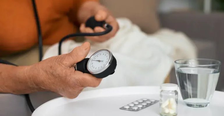 An elderly woman checking her blood pressure with medication on the table and a cup of water